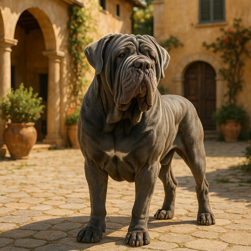 Portrait d'un Neapolitan Mastiff au pelage gris, montrant ses plis typiques et sa démarche assurée