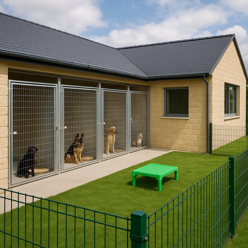 Chenil moderne pour chiens avec boxes individuels et espace de jeu extérieur