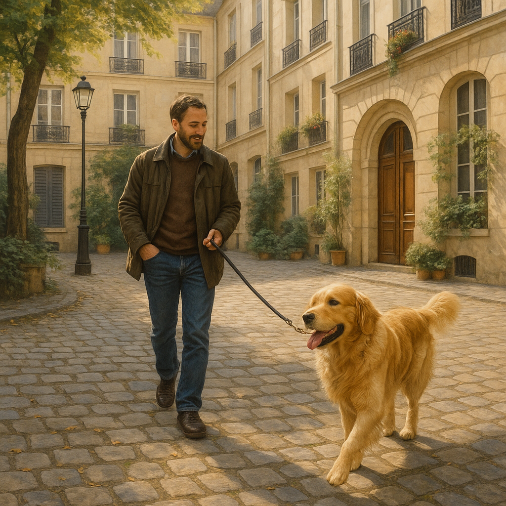 Voisin promenant un chien dans une cour parisienne