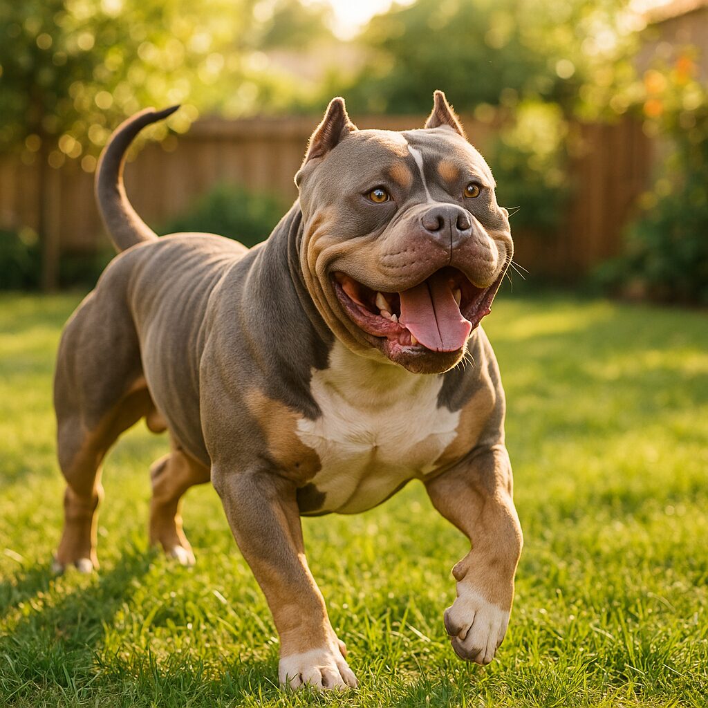 American Bully XXL jouant dans un jardin