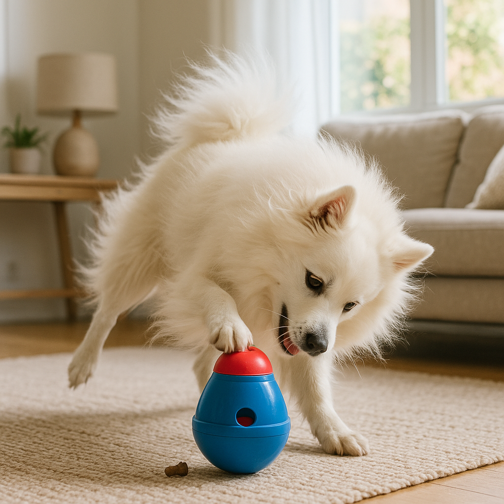 American Eskimo Dog jouant avec un jouet distributeur de friandises dans un salon lumineux