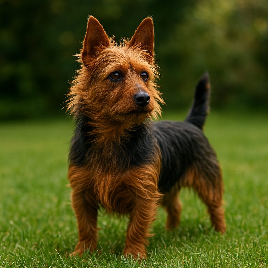 Australian Terrier en extérieur, en alerte sur une pelouse