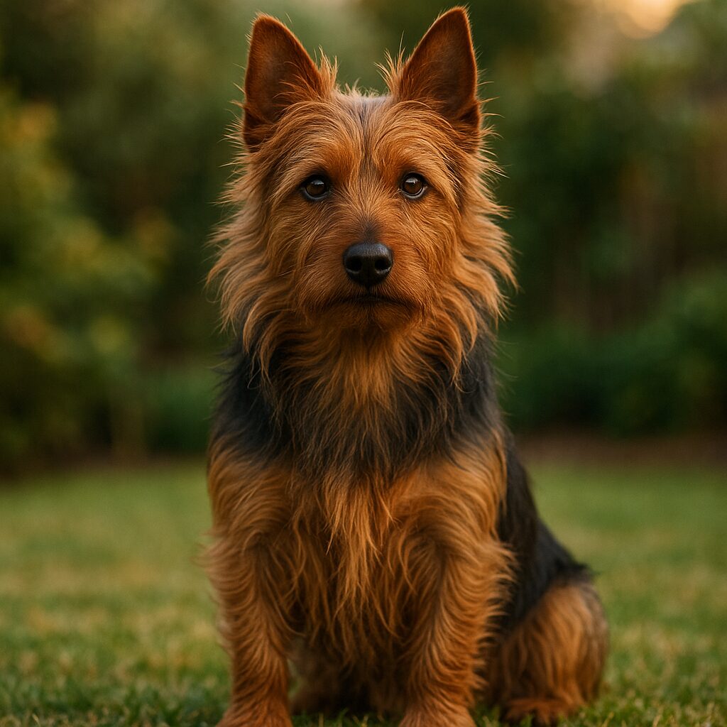 Portrait d'un Australian Terrier assis, regard alerte