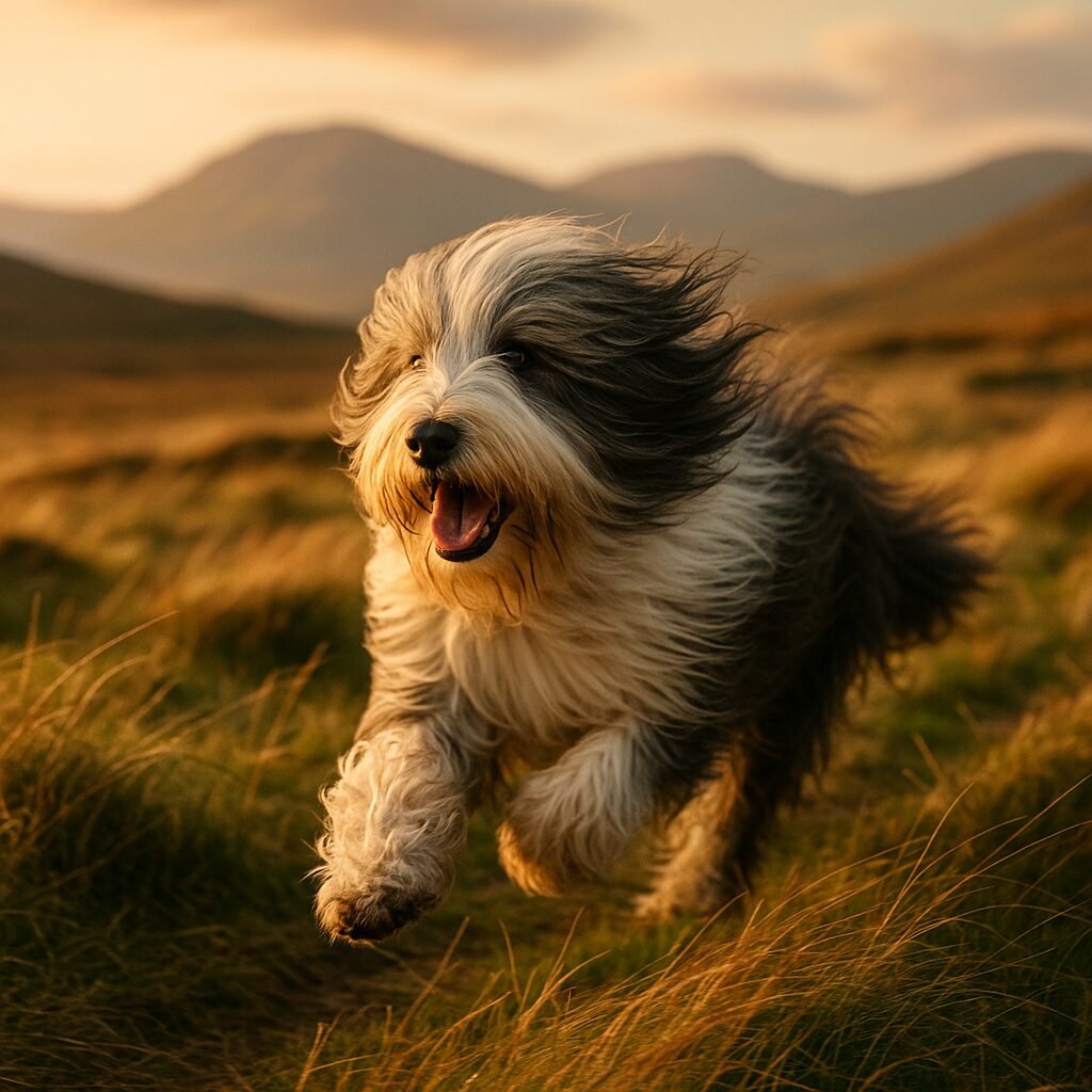Bearded Collie courant sur une lande des Highlands