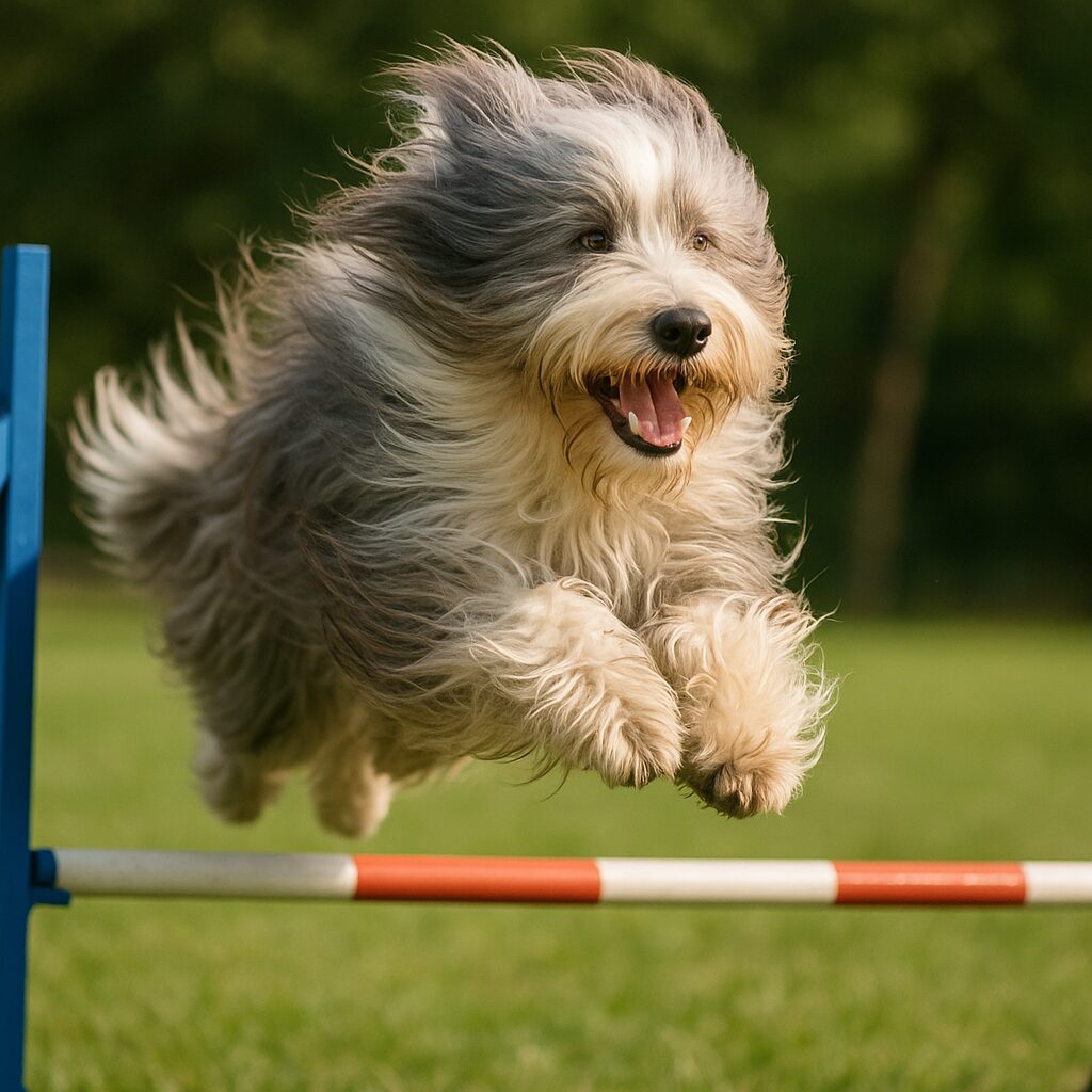 Bearded Collie en action, sautant lors d'une activité d'agilité