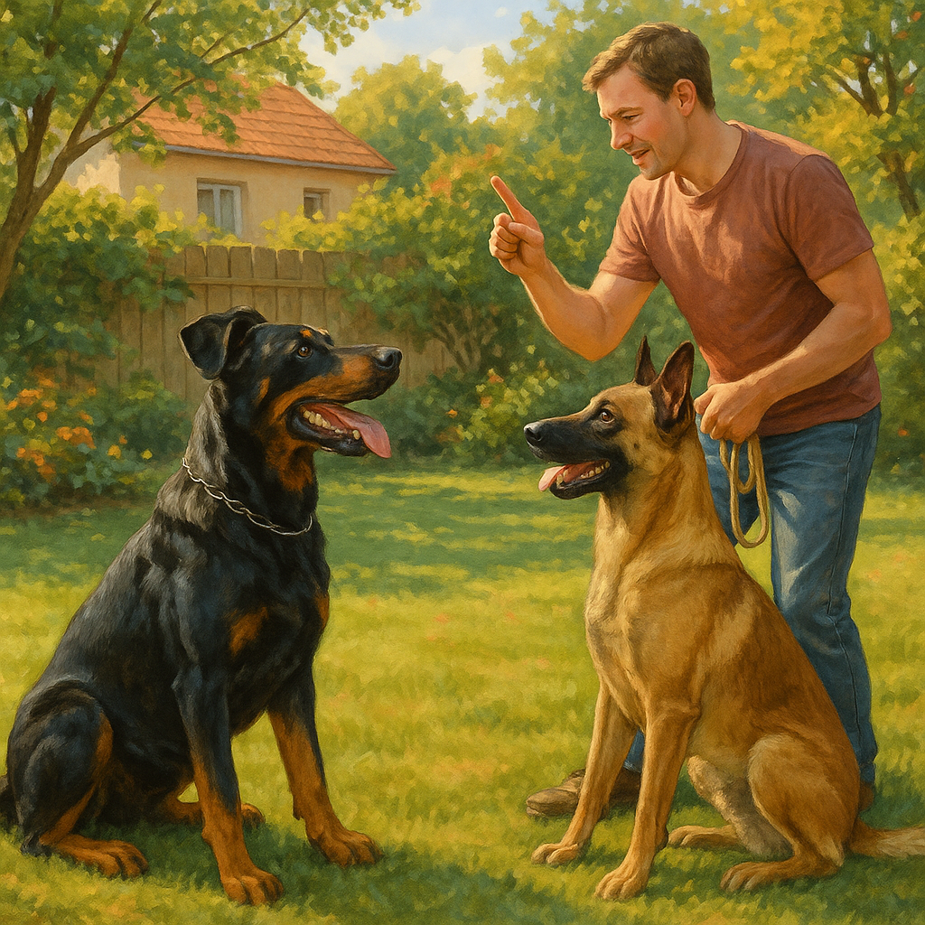 Séance d'entraînement de Beauceron et Malinois dans un jardin familial