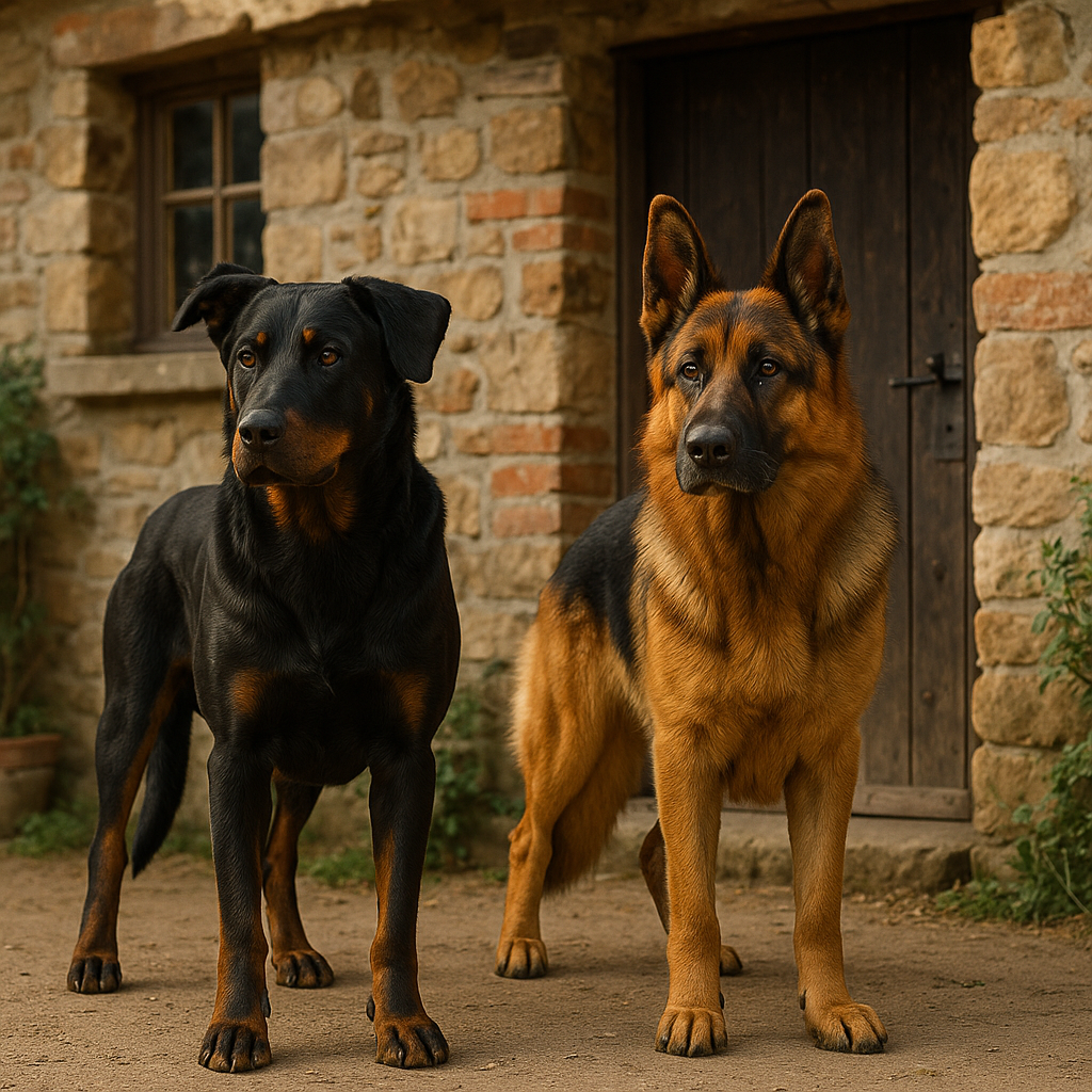 Beauceron et Berger Allemand en posture de garde devant une maison rustique