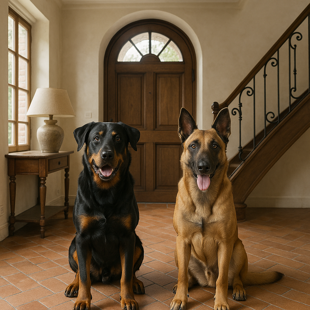 Beauceron et Malinois côte à côte en situation de protection familiale