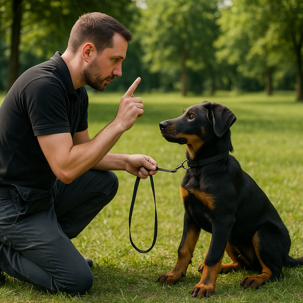 Chiot Beauceron attentif pendant une séance d'entraînement dans un parc