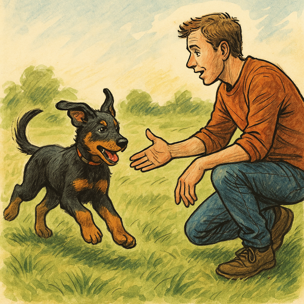 Chiot Beauceron en action lors d'un exercice de rappel en plein air