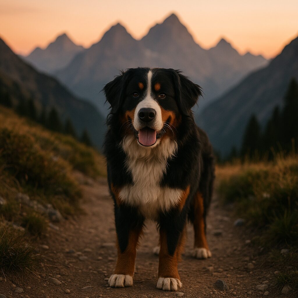 Berner Sennenhund steht auf einem Bergpfad, dreifarbiges Fell und sanfter Ausdruck