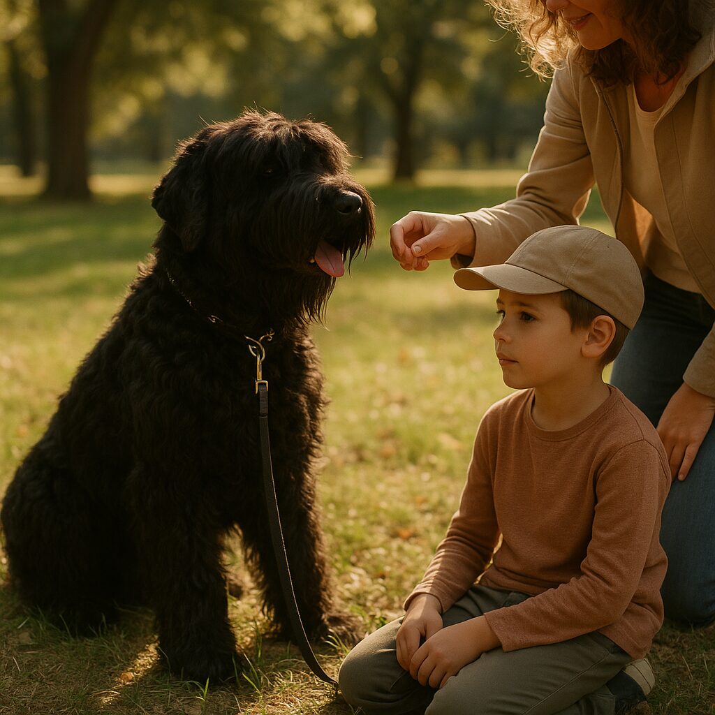 Black Russian Terrier assis avec une famille lors d'un exercice d'éducation en extérieur