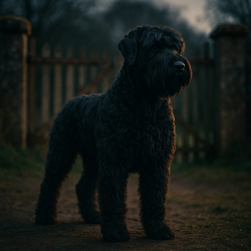 Black Russian Terrier debout devant une porte de ferme, posture alerte