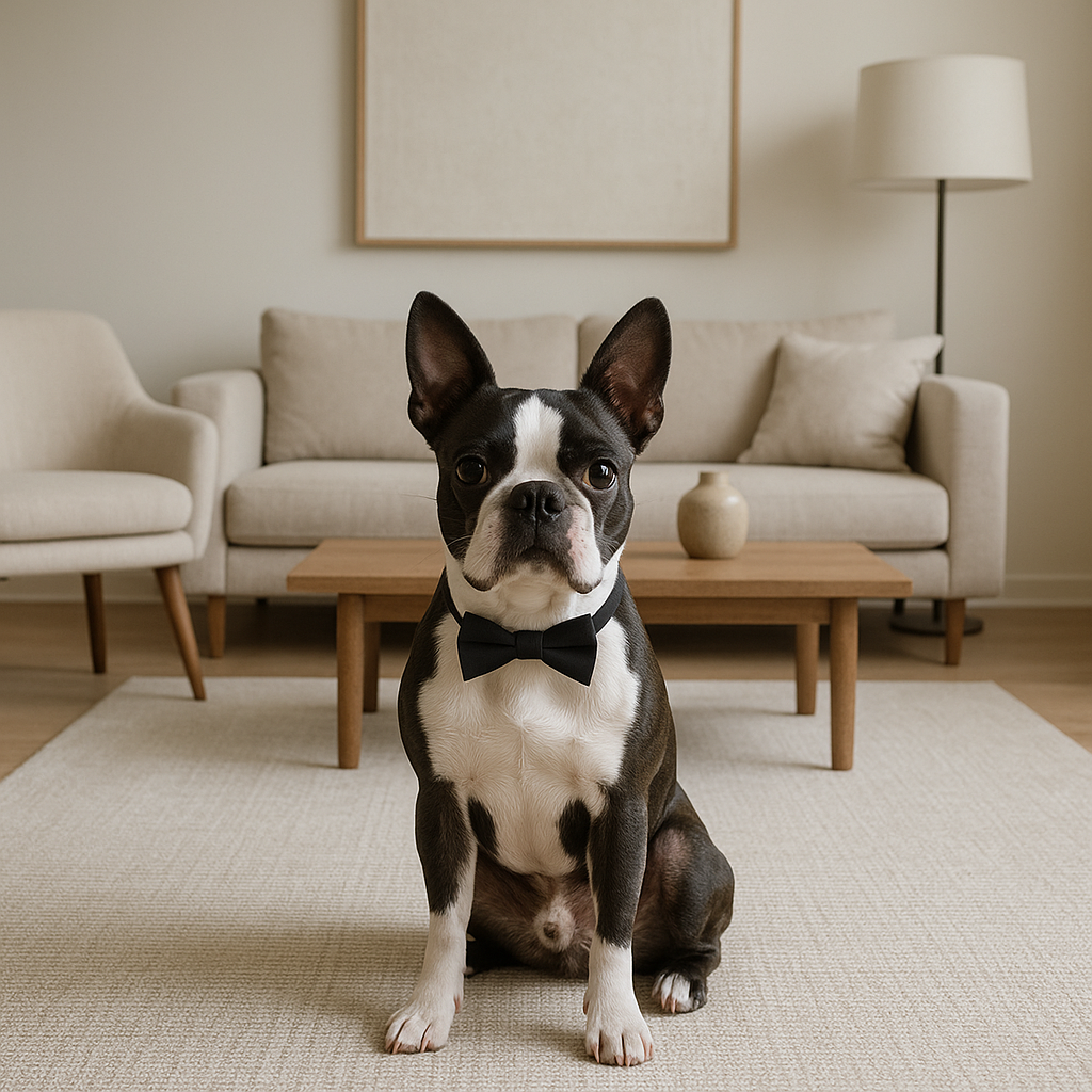 Boston Terrier assis dans un salon moderne