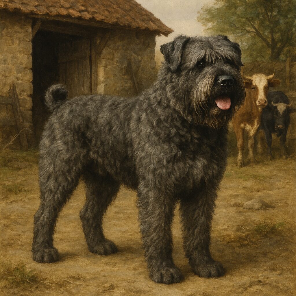 Bouvier des Flandres debout dans une ferme rustique