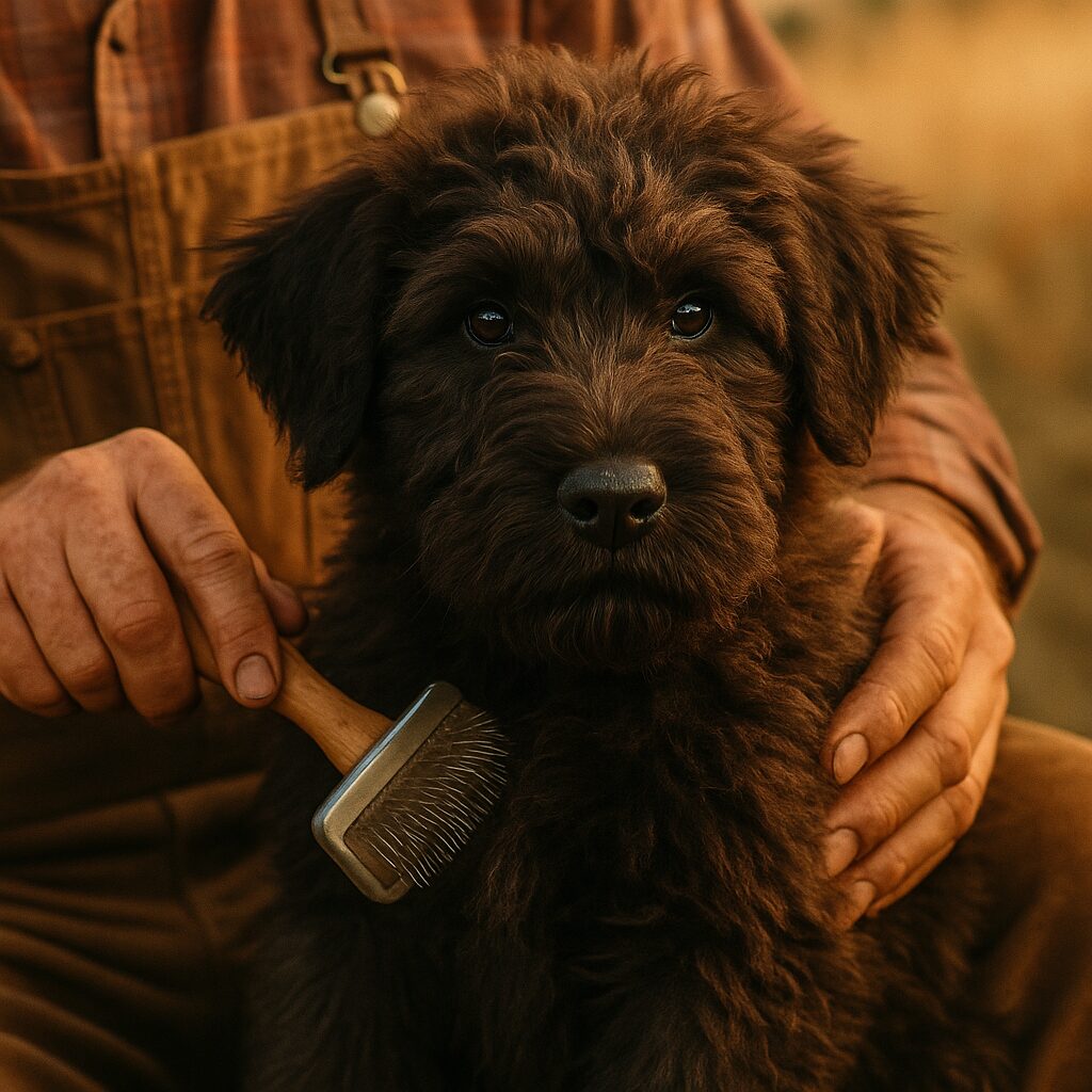 Chiot Bouvier des Flandres lors d'une séance de toilettage