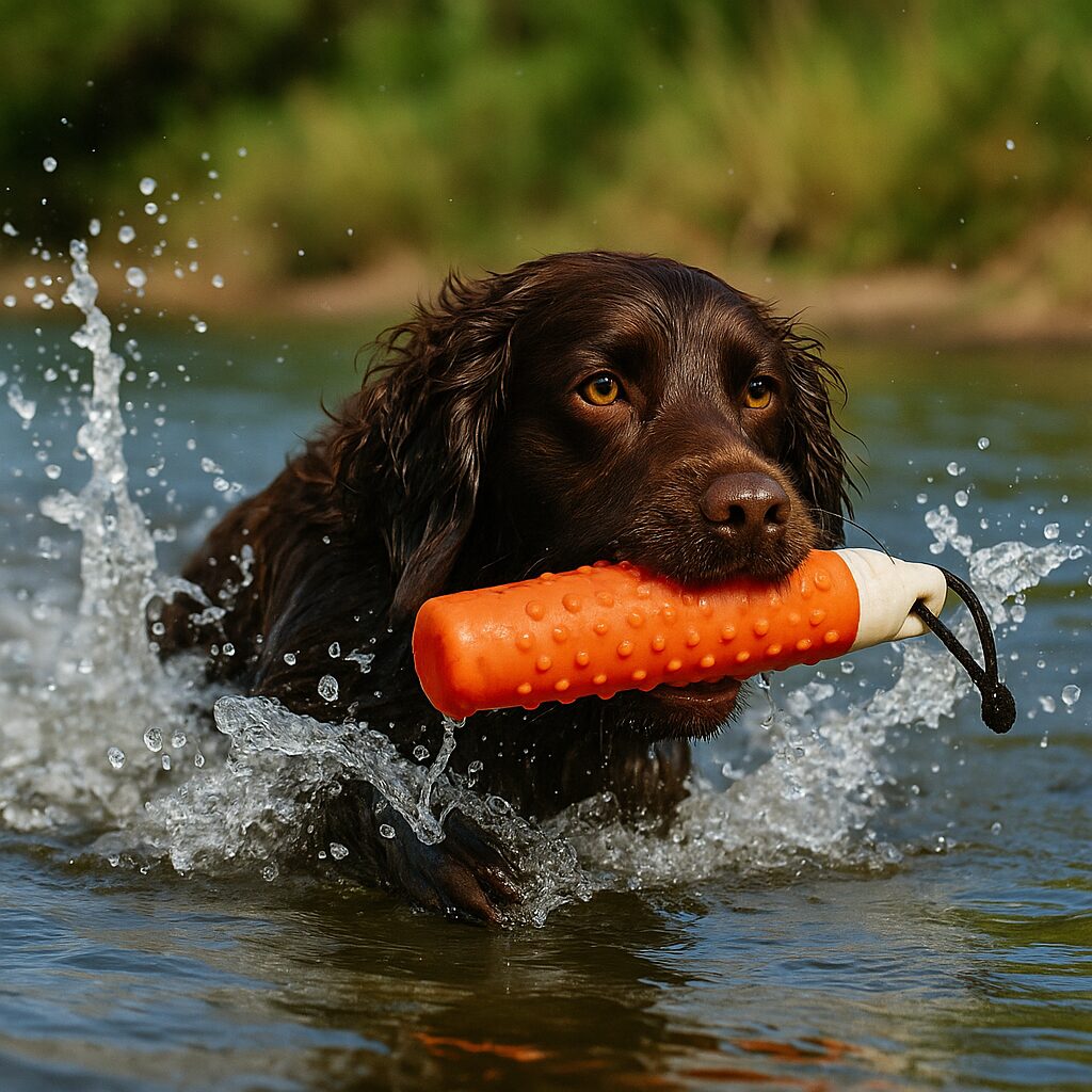 Boykin Spaniel nageant pour rapporter un dummy flottant dans un marais