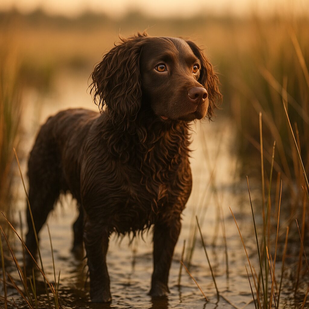 Boykin Spaniel debout dans un marais, robe chocolat ondulée et expression attentive
