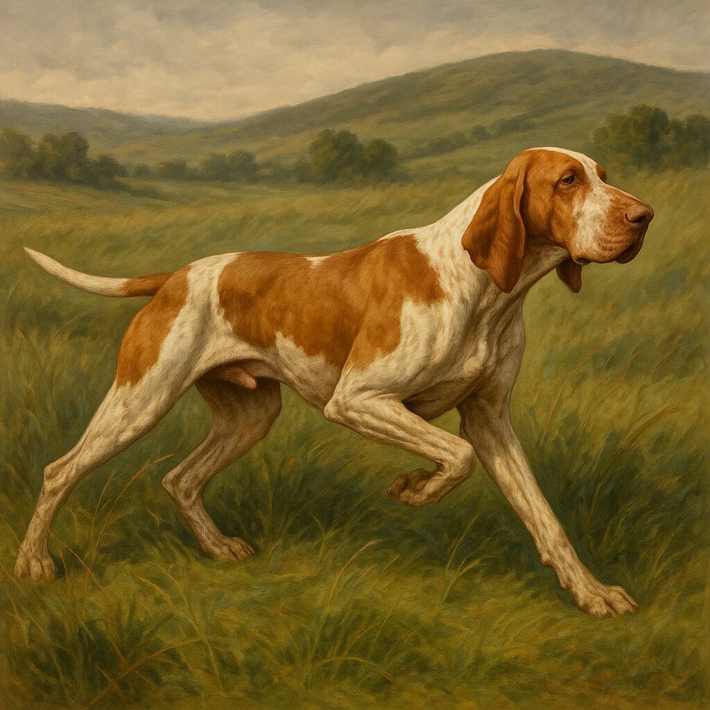 Bracco Italiano en action sur un terrain de chasse, posture d’arrêt élégante