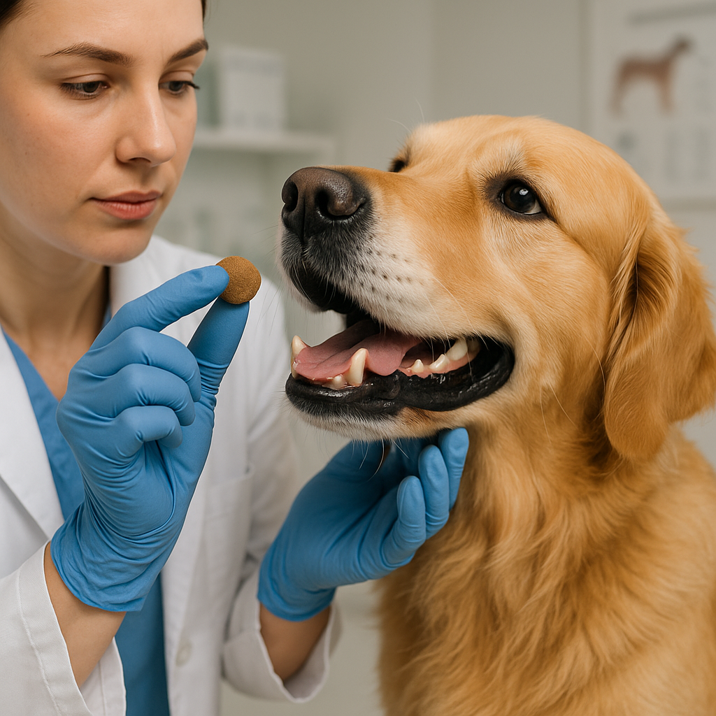 Chien recevant un comprimé de traitement anti-puces