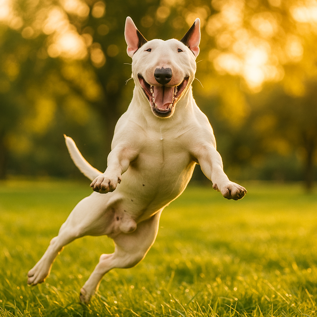 Bull Terrier en plein saut ludique dans un parc