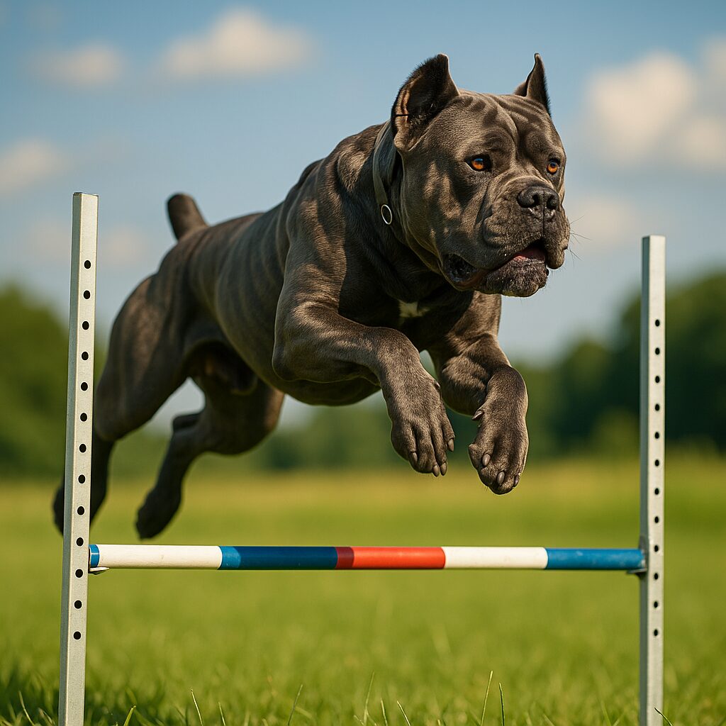 Cane Corso en plein exercice d’agilité, sautant un obstacle dans un espace vert