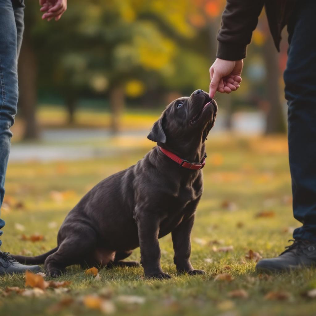 Cane Corso bébé apprend la marche en laisse avec son propriétaire