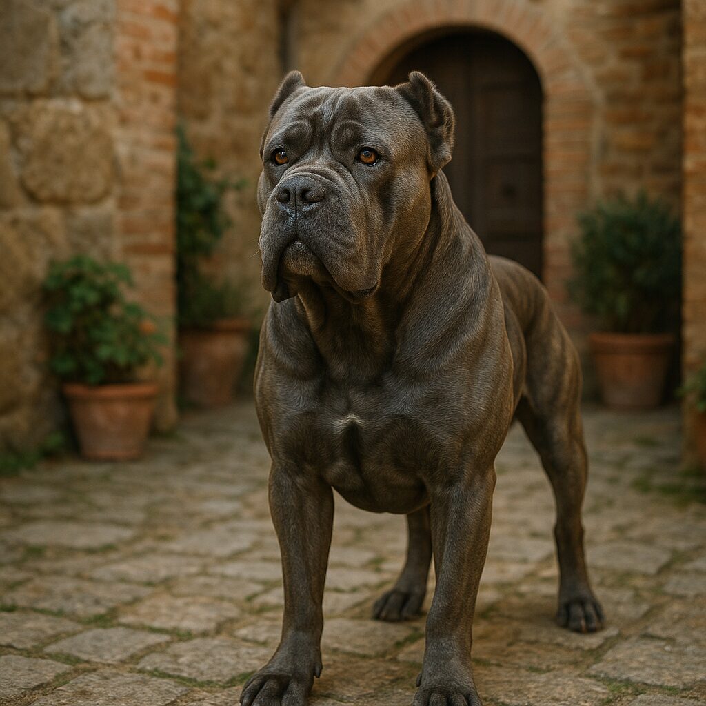 Portrait d’un Cane Corso adulte, présentant sa robuste carrure et son regard expressif