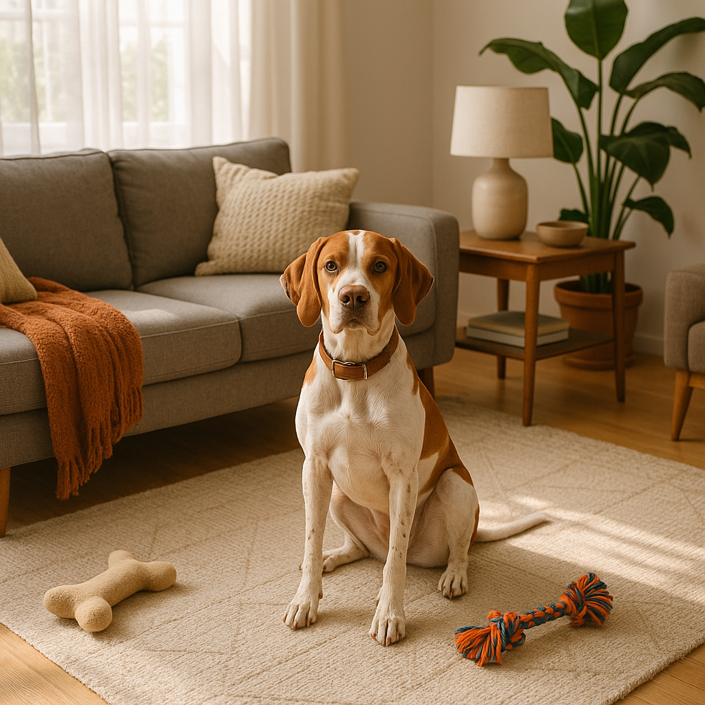 Chien de chasse installé confortablement dans un salon aménagé