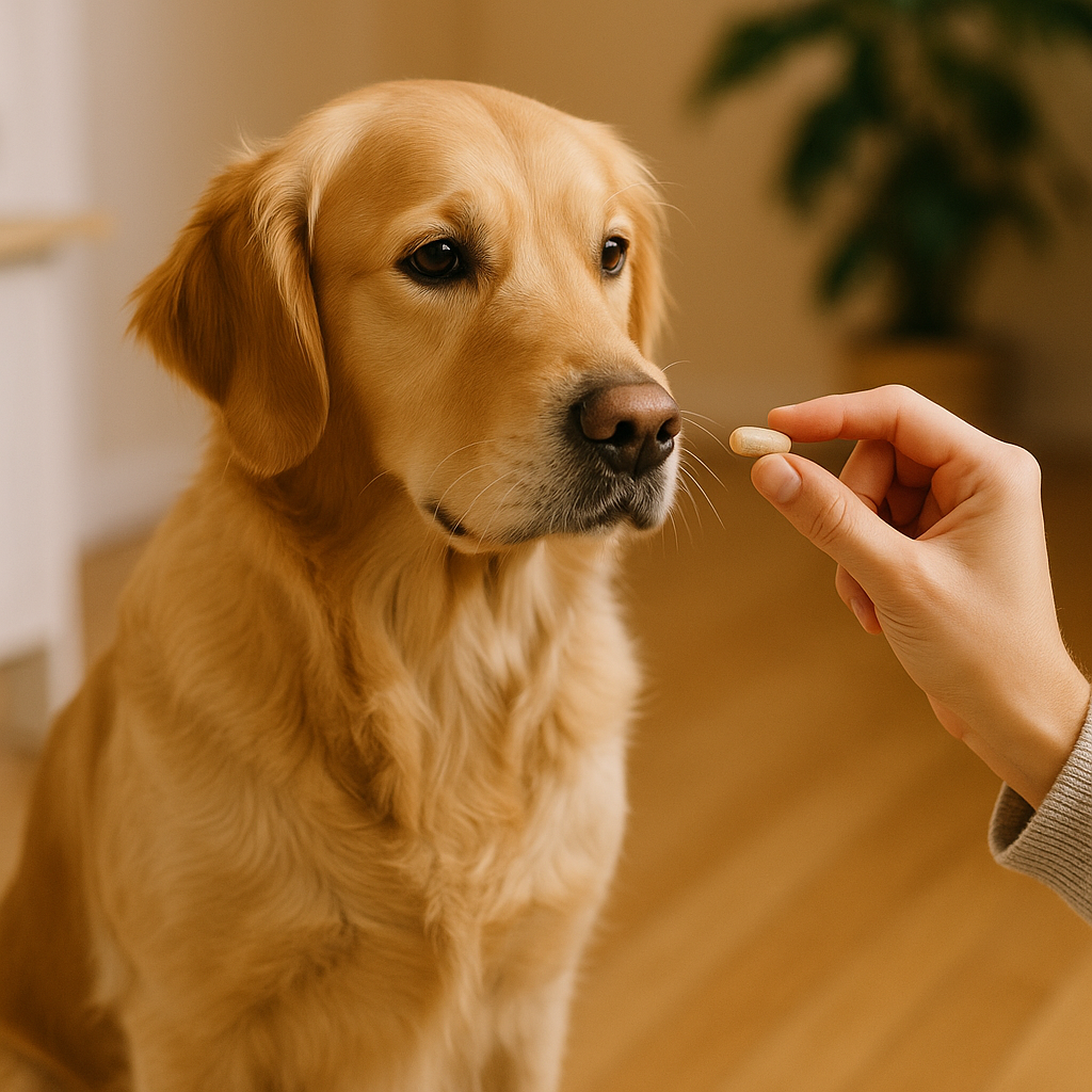 Propriétaire donnant un comprimé antiparasitaire à son chien