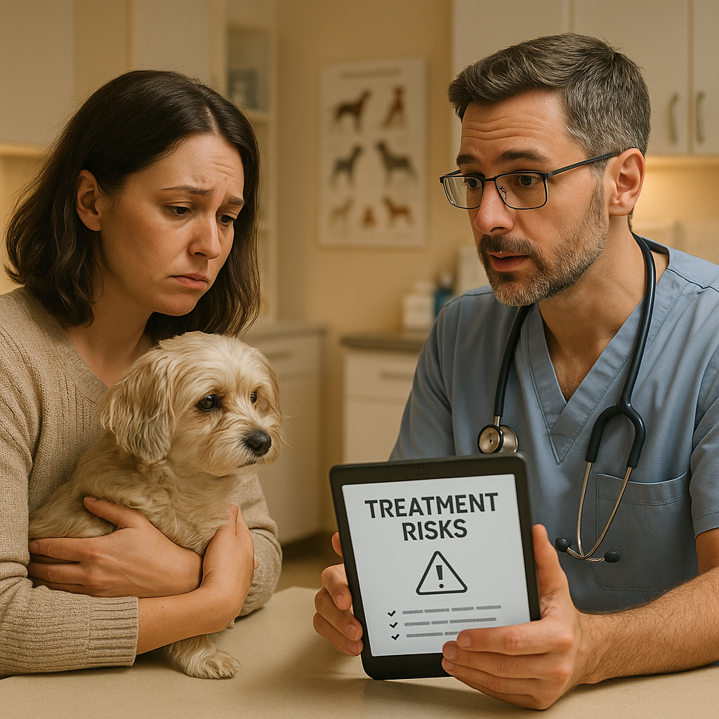 Chien traité par vétérinaire et propriétaire inquiet