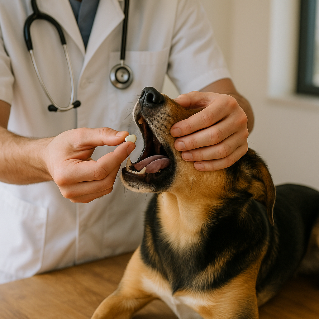 Chien recevant un comprimé anti-parasitaire