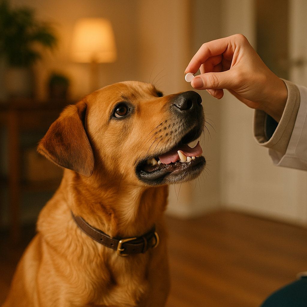 Chien acceptant un comprimé de Milbemax