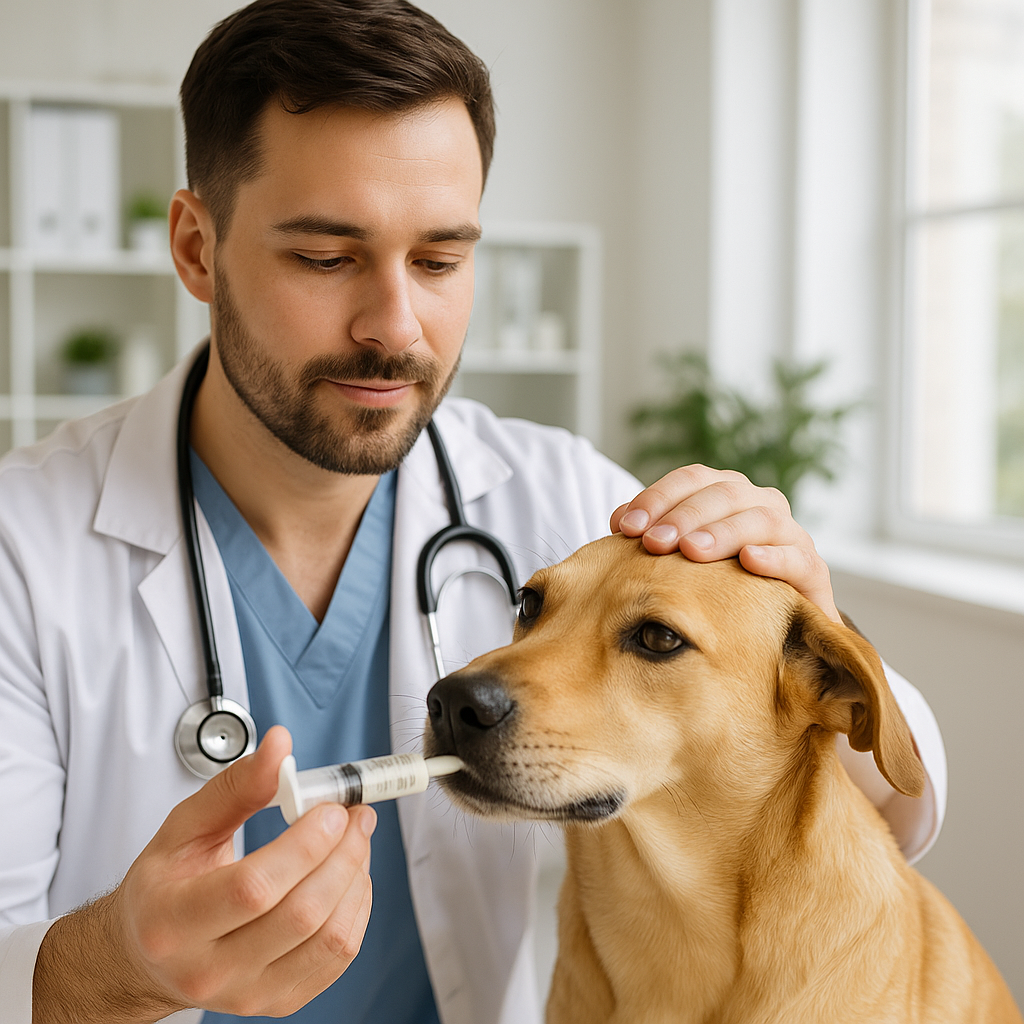 Chien recevant un vermifuge lors d'une consultation vétérinaire.