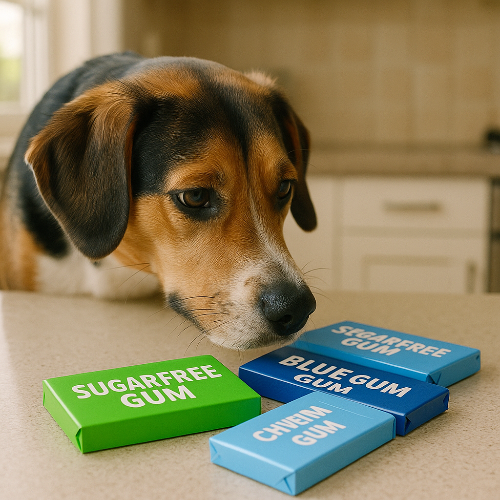 Chien en état d'alerte près de paquets de chewing-gum