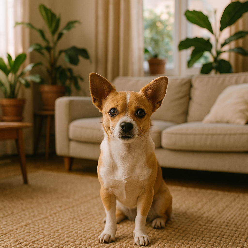 Petit chien dans un salon d'appartement cosy