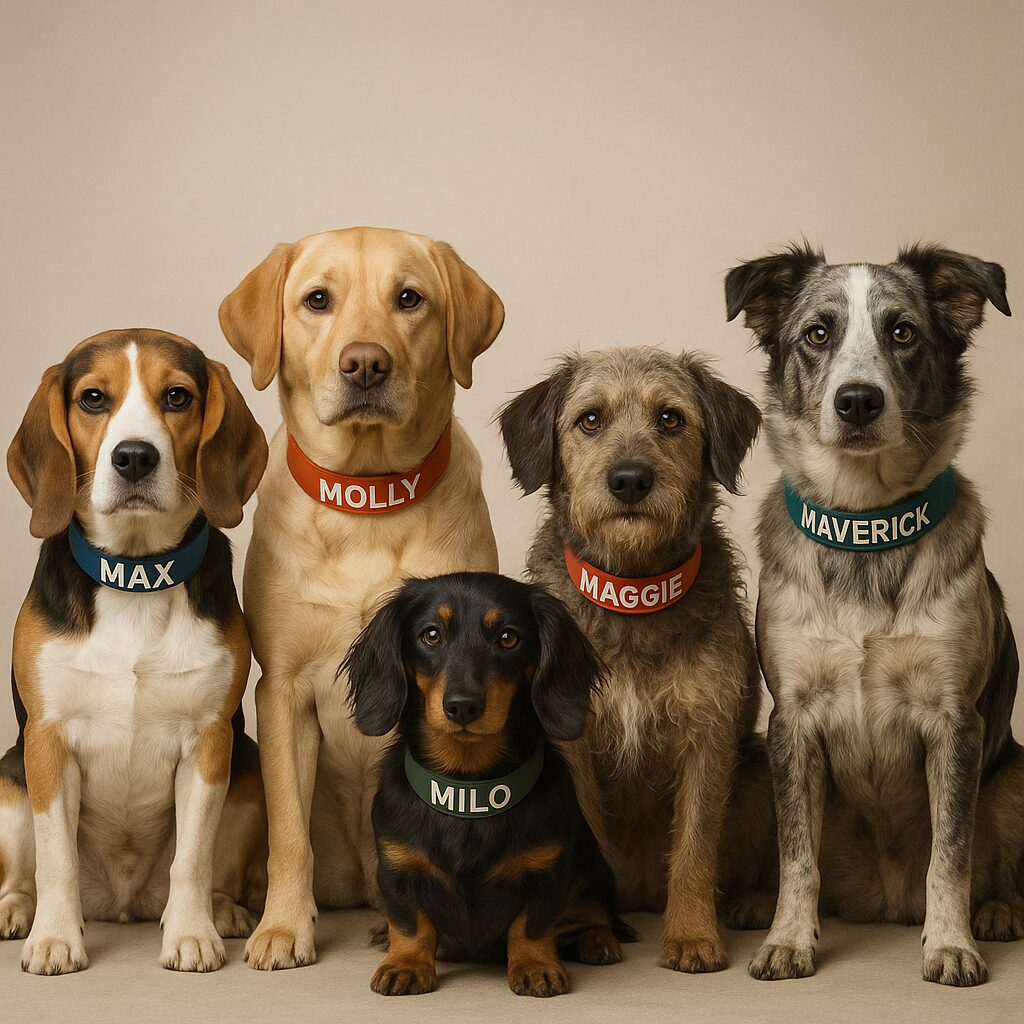 Cinq chiens portant des colliers avec des noms commençant par M