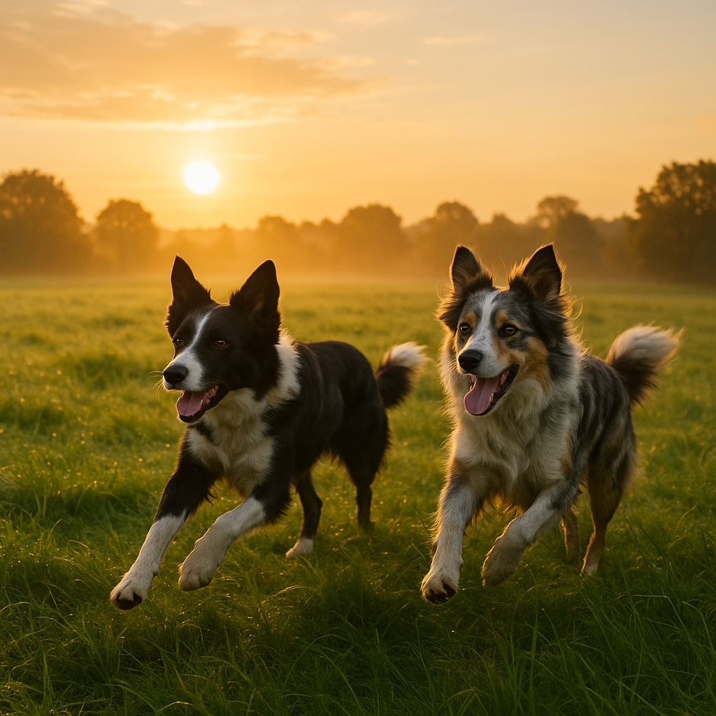 Deux chiens de berger courant ensemble dans un champ au lever du soleil