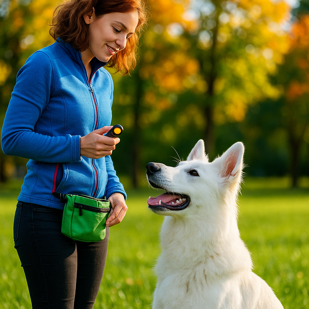 Dog trainer holding a clicker and treat pouch during an outdoor session