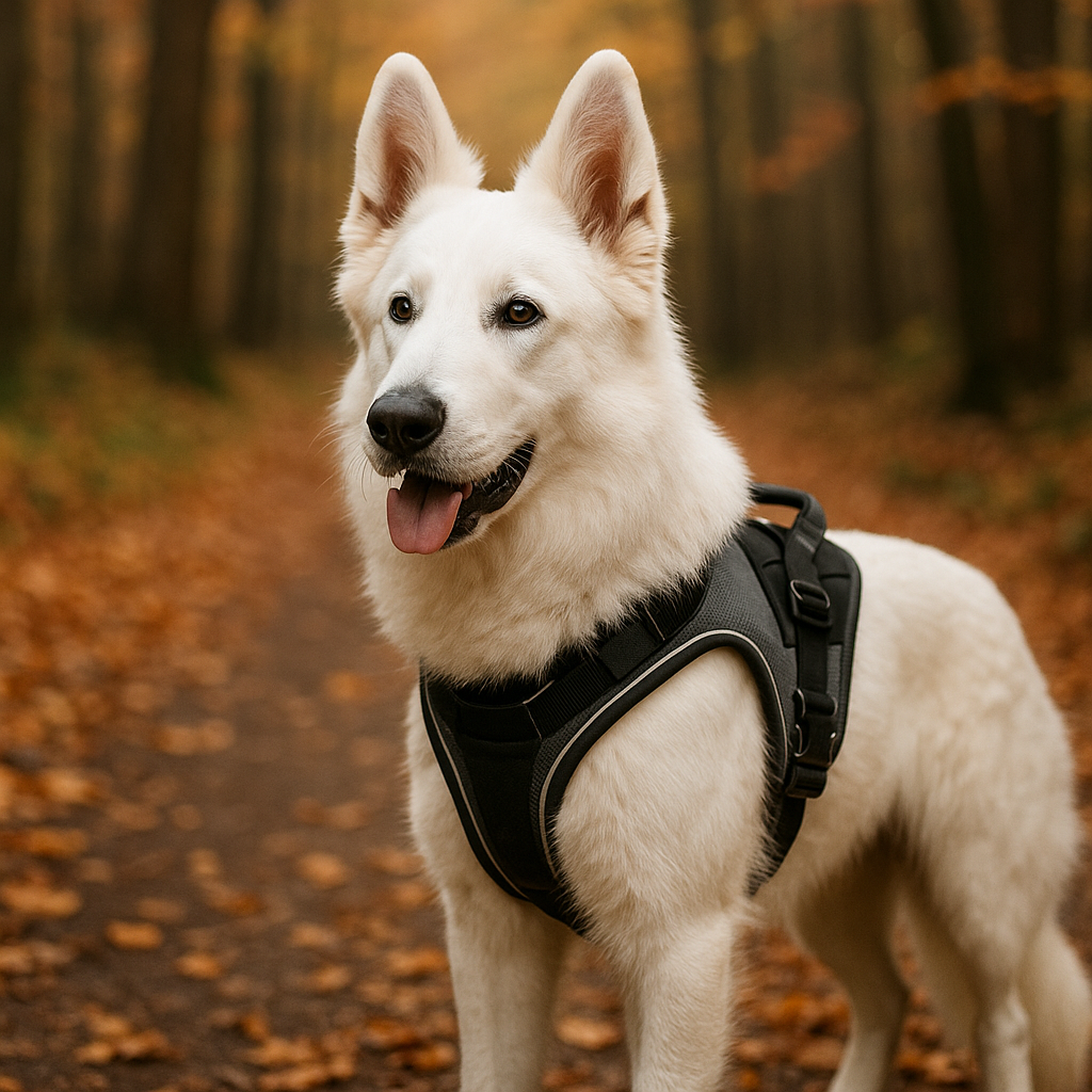 Swiss Shepherd wearing a padded harness during a forest hike