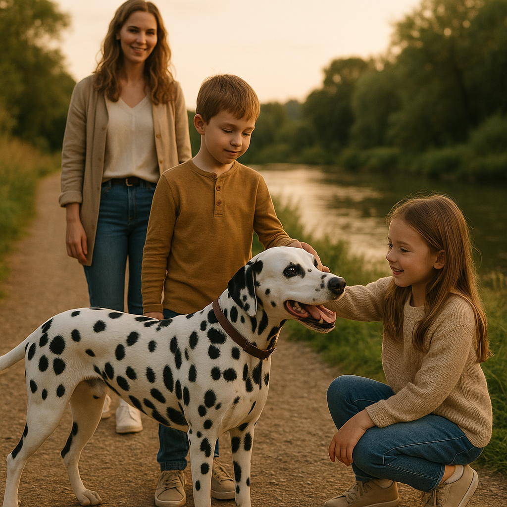 Dalmatien promené en famille au bord d'une rivière, interaction avec enfants