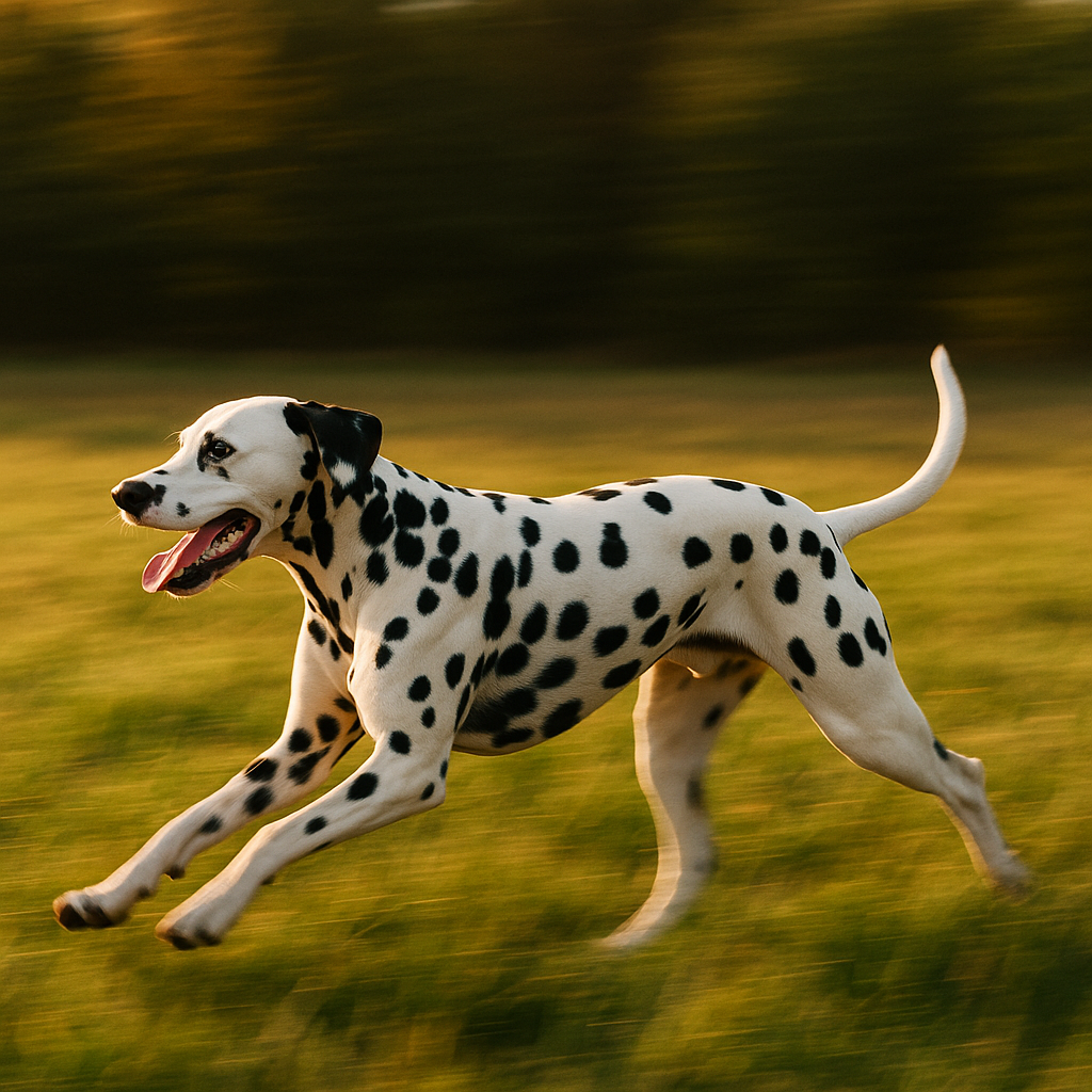 Dalmatien en pleine course dans un champ, pelage blanc tacheté, silhouette athlétique