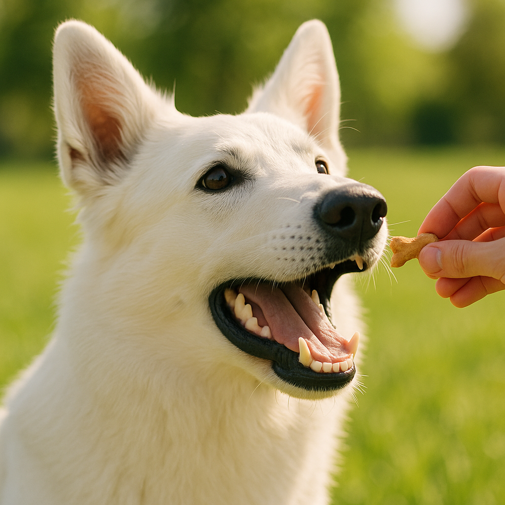 Swiss Shepherd receiving a treat for obedience