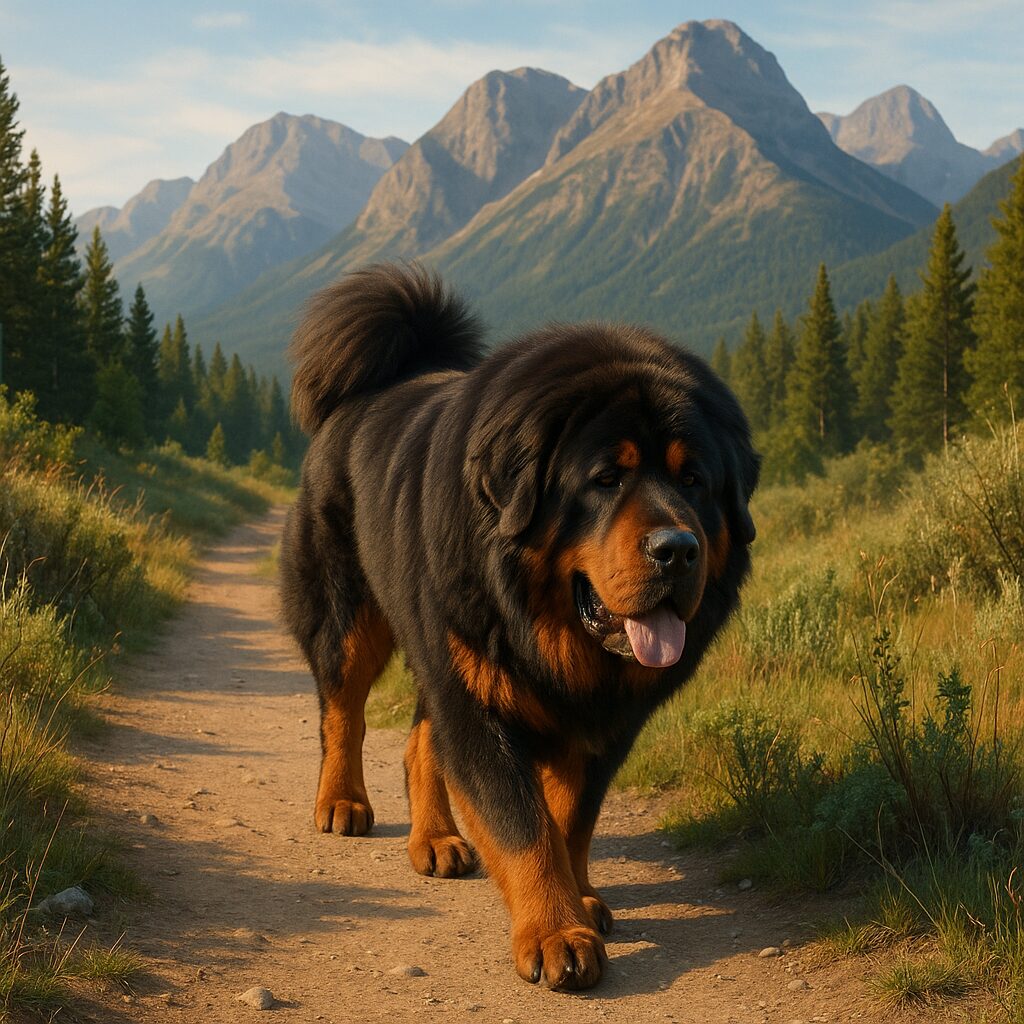 Dog du Tibet en promenade, paysage montagneux, mise en avant de son comportement calme