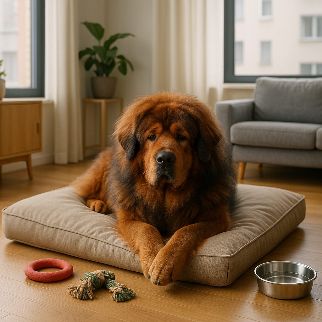 Dogue du Tibet calme dans un intérieur urbain, espace de repos et jouets