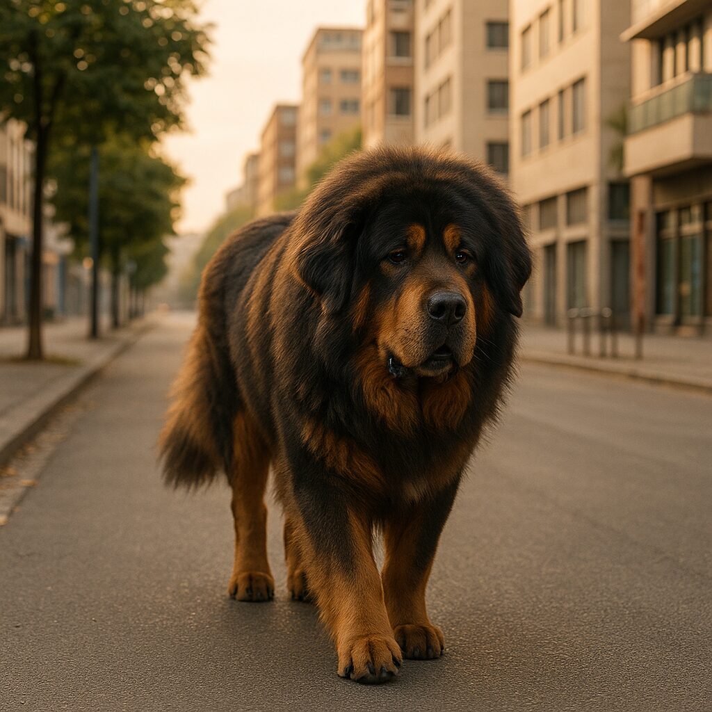 Dogue du Tibet marchant dans une rue urbaine, grand chien calme en milieu citadin
