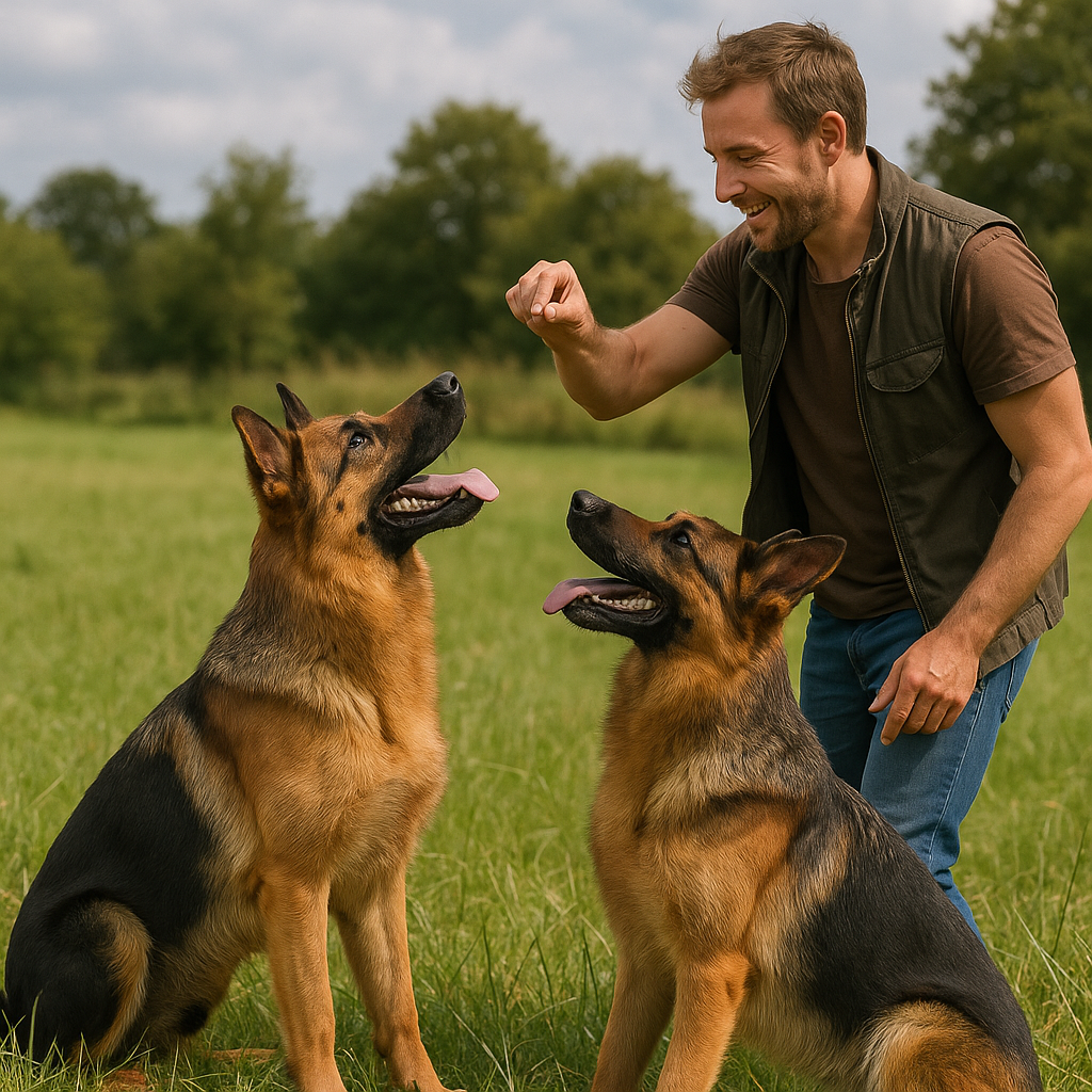 Dressage d’un Beauceron et d’un Berger Allemand dans un champ