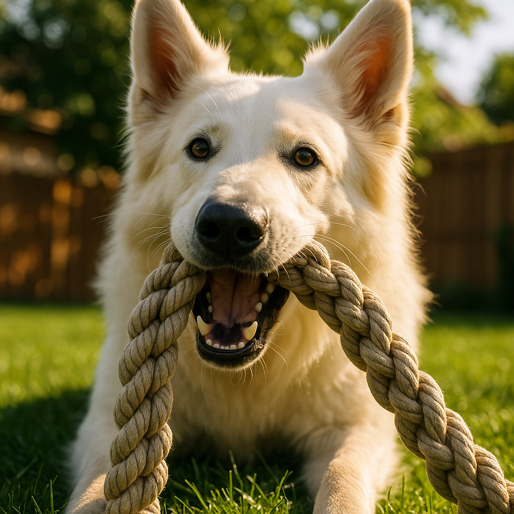 Swiss Shepherd chewing on a durable rope toy