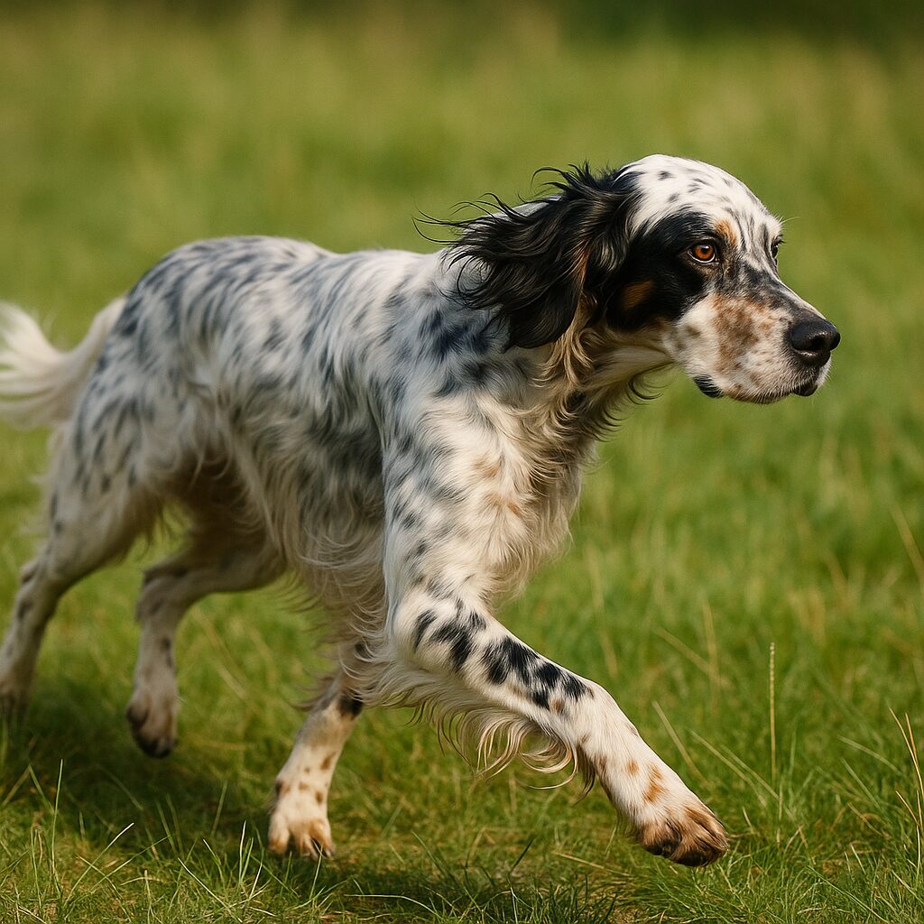 English Setter en action lors d'une sortie en nature, trottant avec concentration