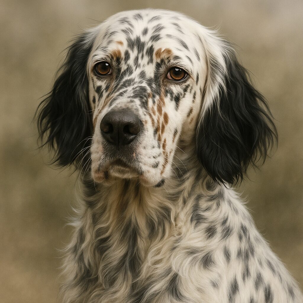 Portrait d'un English Setter au poil moucheté, tête légèrement inclinée